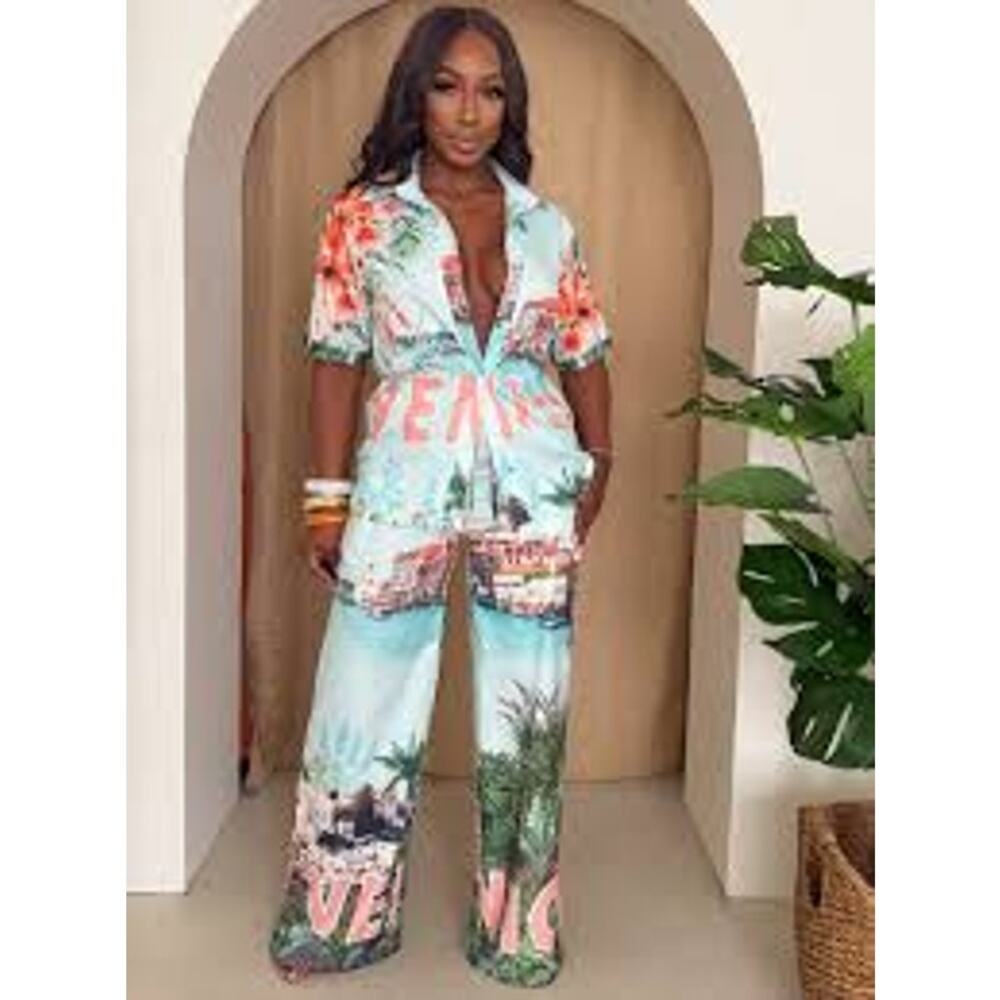 Endless Moon Venice Coastal Print Resort Vacation Wide Leg Pant Set Women's L